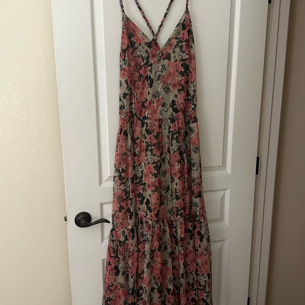 Astr Pink and Green Tiered Ruffled Maxi Sundress